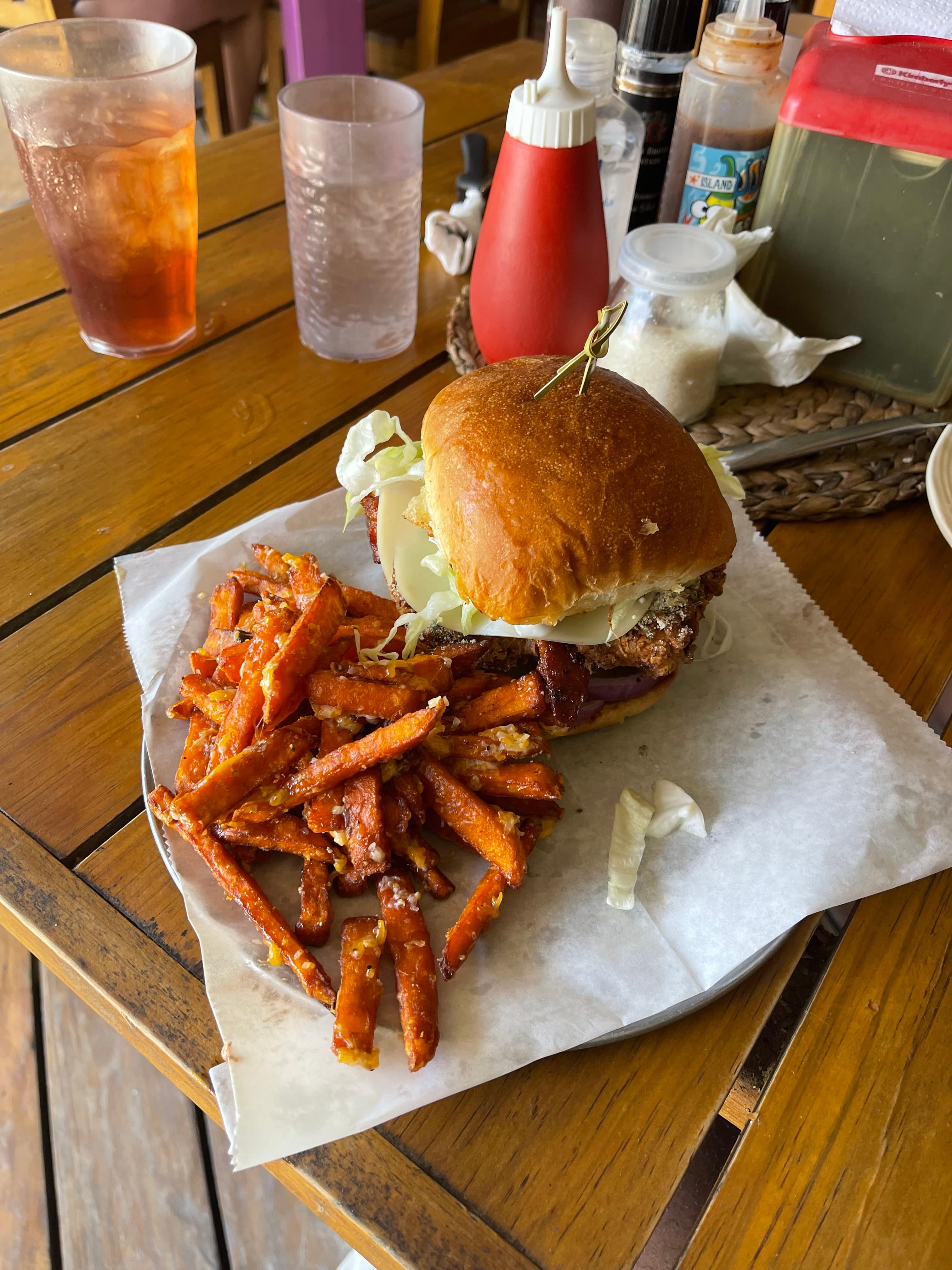 Island-style burger and sweet potato fries